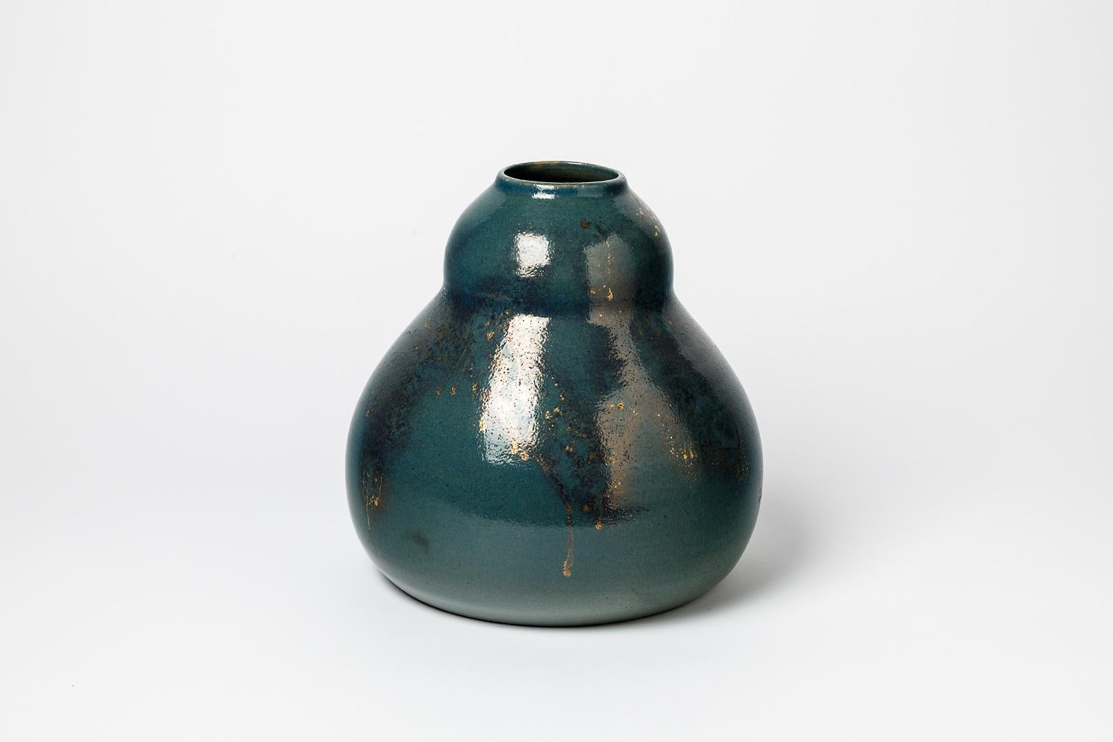 French 20th Century Decorative Art Ceramic Vase Green and Gold Jean Pointu, circa 1930 For Sale