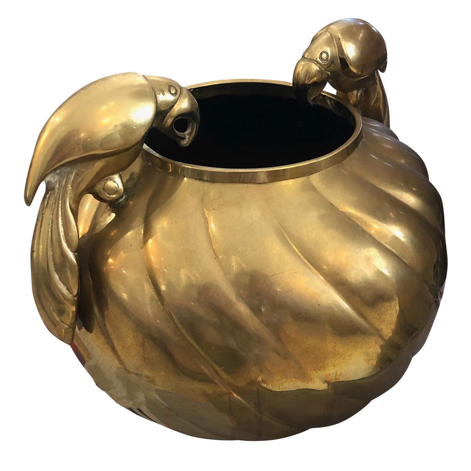 Mid-Century Modern 20th Century American Decorative Brass Ribbed Vase with Lateral Parrots