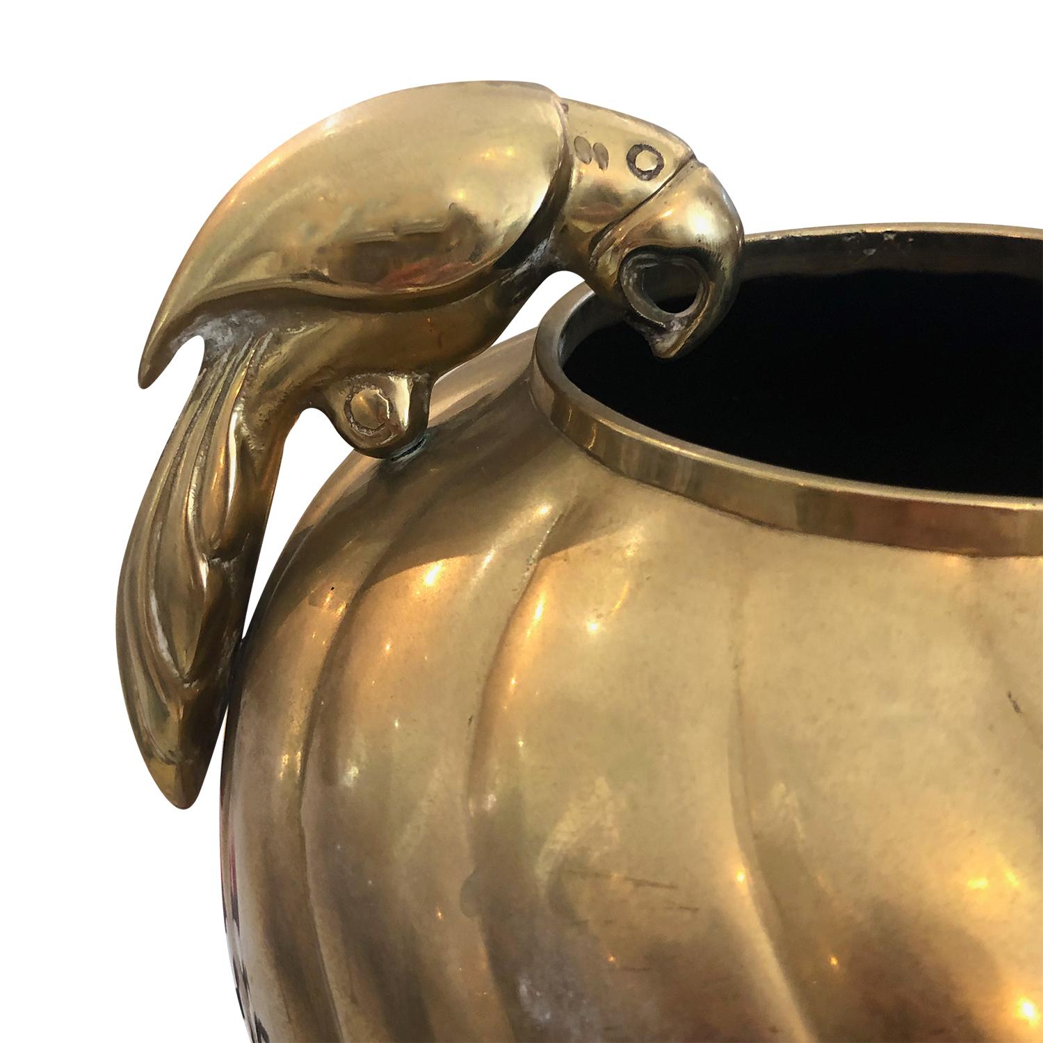 Hand-Crafted 20th Century American Decorative Brass Ribbed Vase with Lateral Parrots