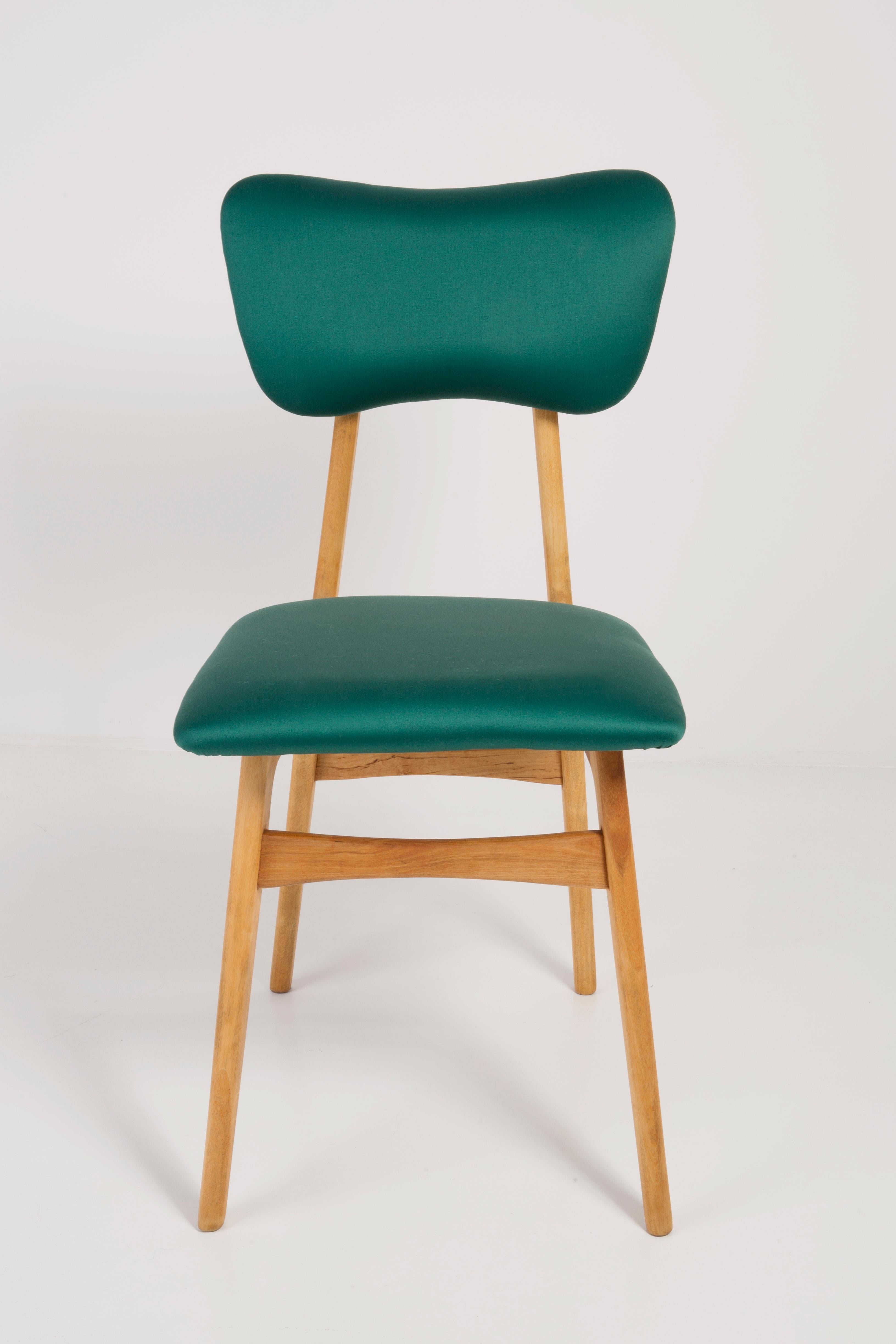 Chair designed by Prof. Rajmund Halas. Made of beechwood. Chair is after a complete upholstery renovation, the woodwork has been refreshed. Seat and back is dressed in green, beautiful, high quality Dedar Tabularasa fabric. Tablarasa is an elegantly