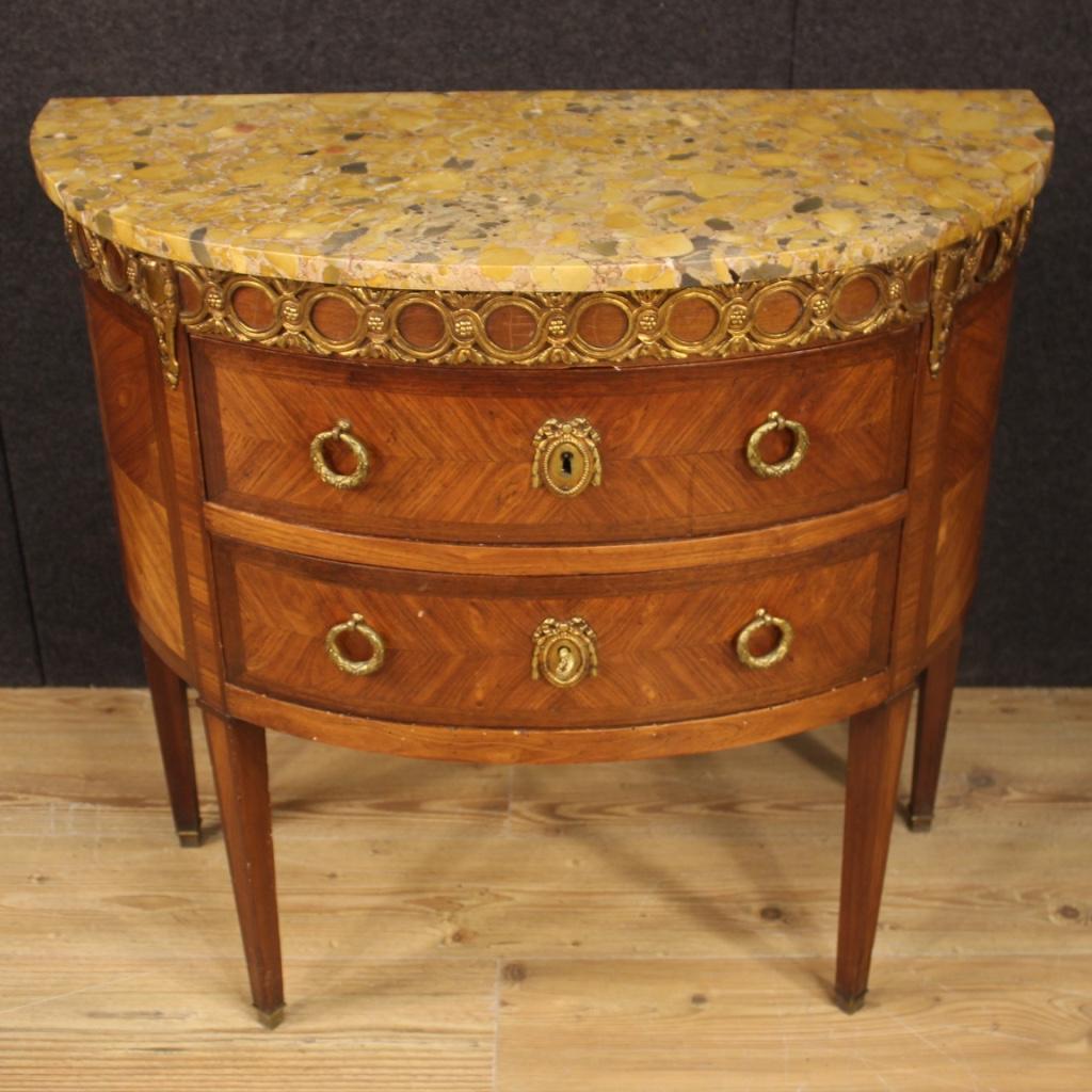 20th Century Demilune Inlaid Wood with Marble French Louis XVI Style Commode In Good Condition In Vicoforte, Piedmont