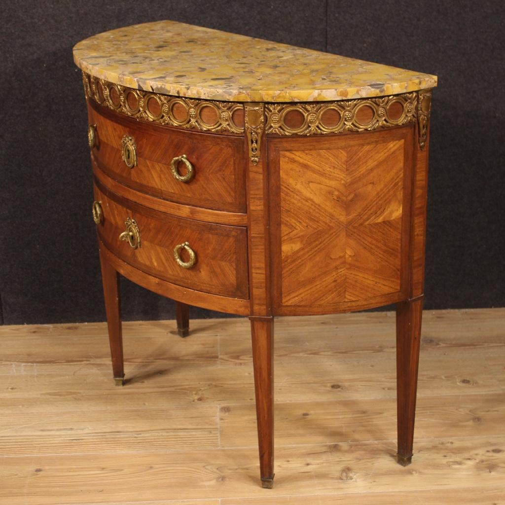 20th Century Demilune Inlaid Wood with Marble French Louis XVI Style Commode 1