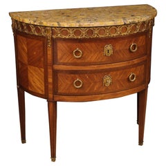 20th Century Demilune Inlaid Wood with Marble French Louis XVI Style Commode