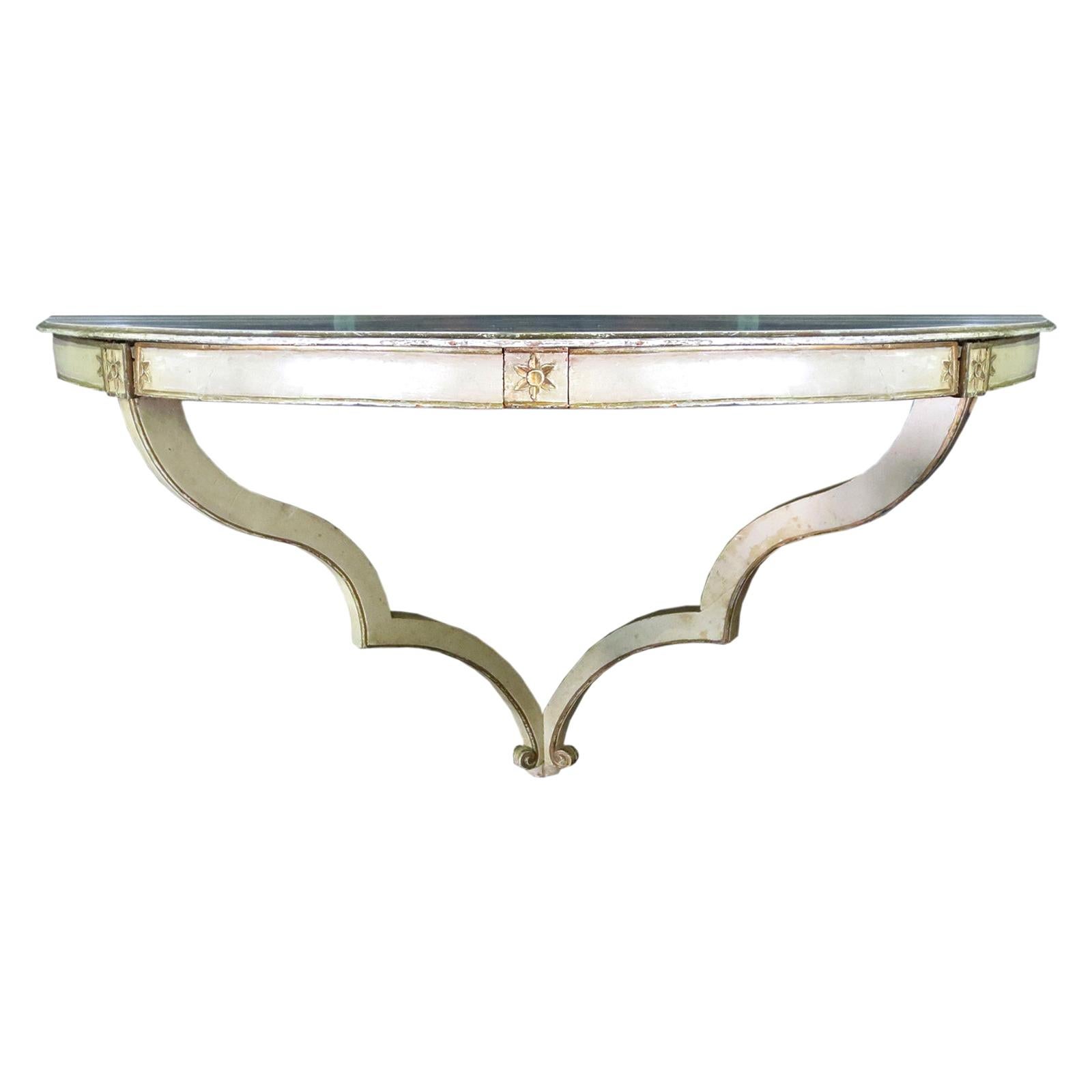 20th Century Demilune Wall-Mount Painted Wood Console, Floral Detail