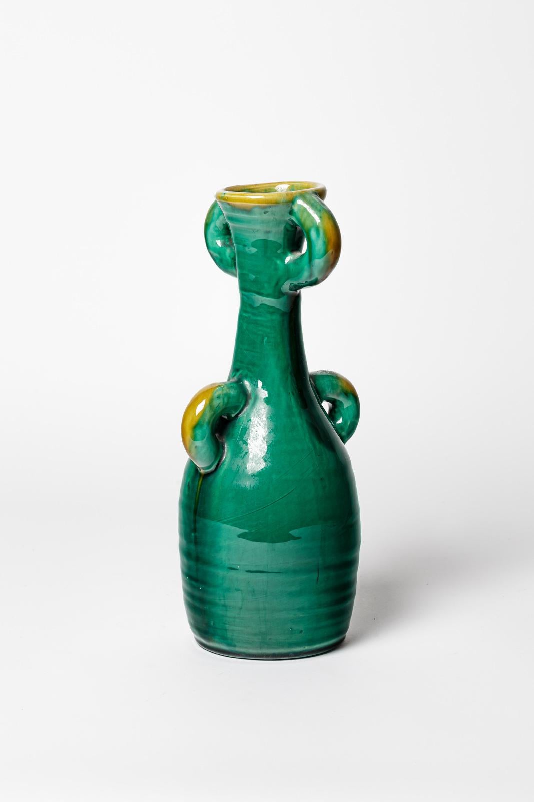 French 20th century design Accolay abstract green and yellow ceramic vase circa 1960 For Sale