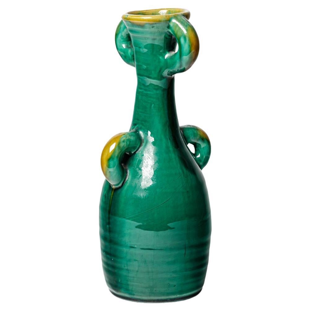 20TH CENTURY DESIGN Vase abstrait en céramique verte et jaune Accolay circa 1960 en vente