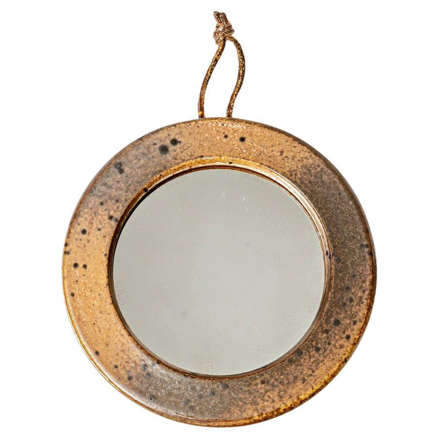 20th century design brown and black stoneware ceramic wall mirror by JJ Palloure For Sale
