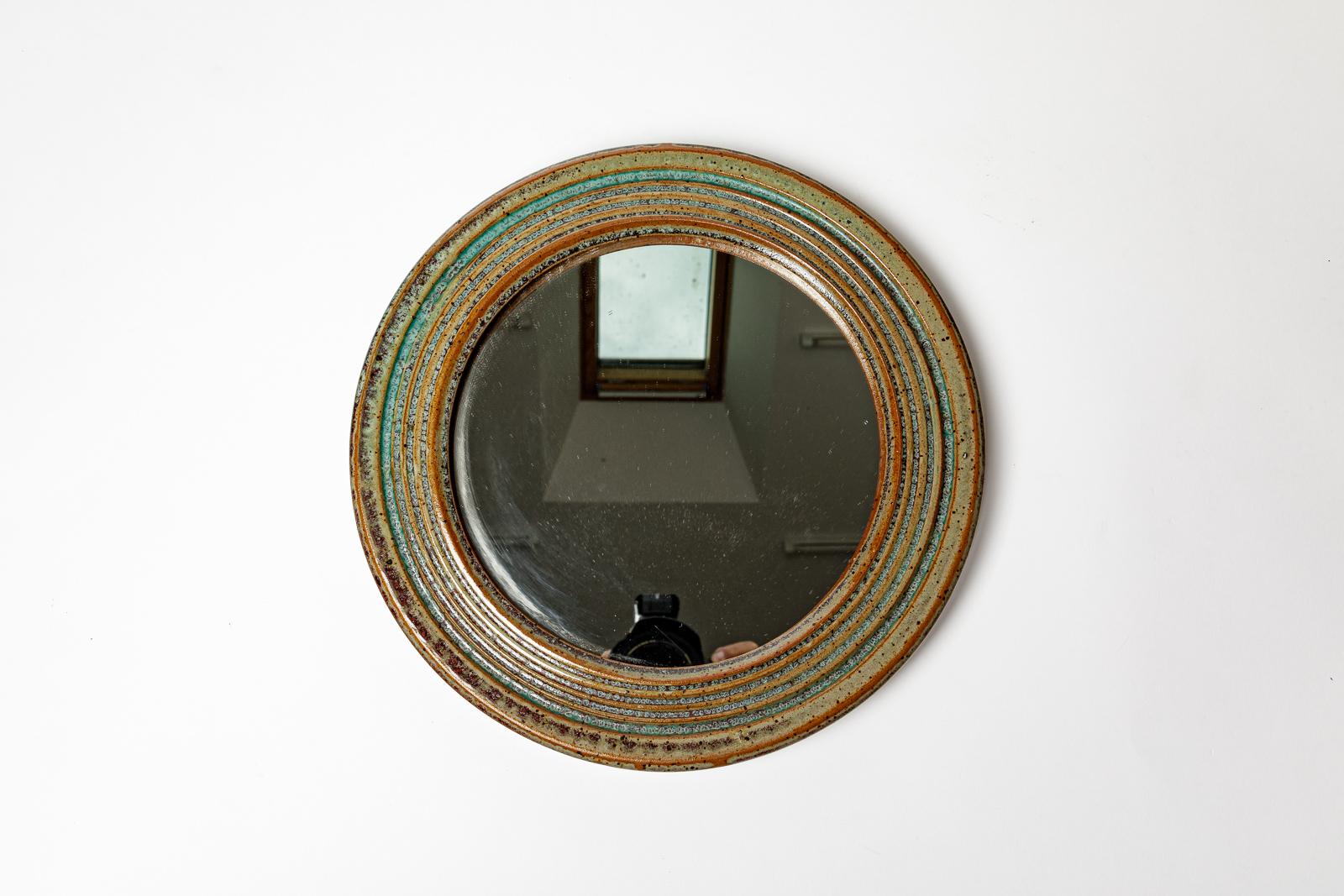 20TH CENTURY DESIGN Miroir mural en céramique marron et vert par Fabien Comte 1970 Excellent état - En vente à Neuilly-en- sancerre, FR