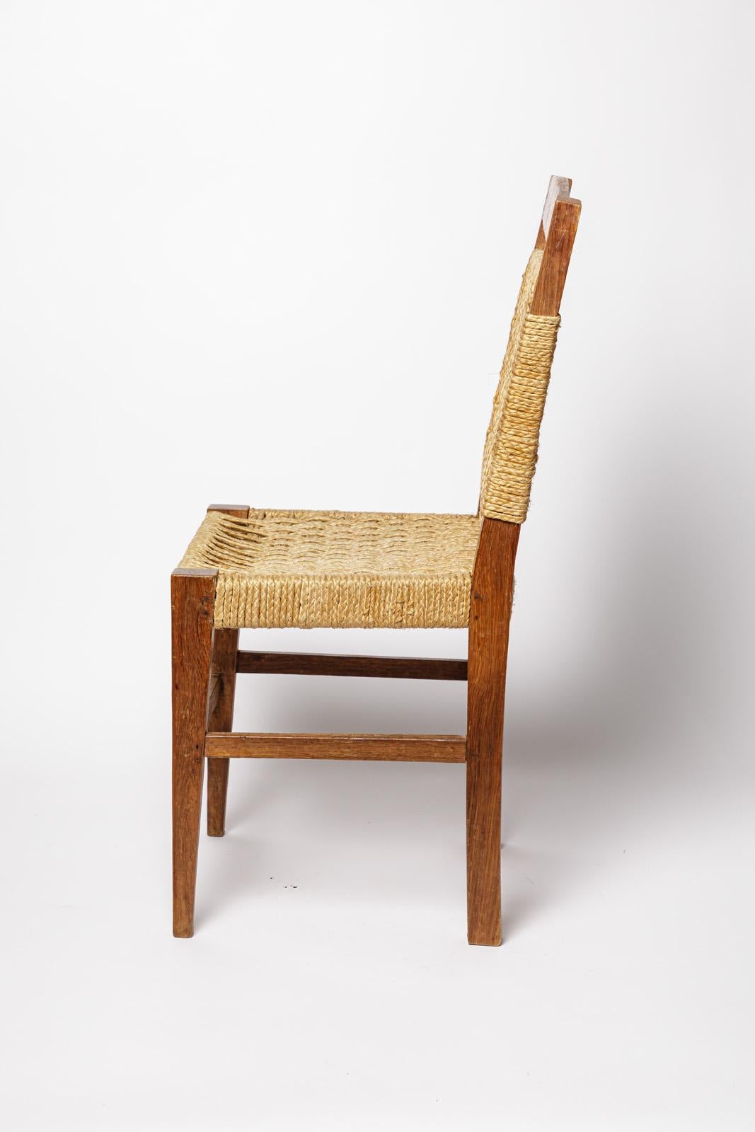 French 20th century design children chair style of Audoux Minnet 1970 wood and cord For Sale