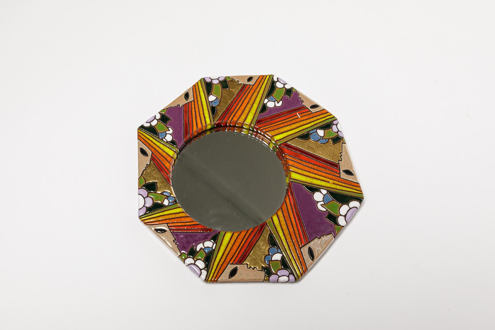 Mid-Century Modern Miroir mural en céramique colorée design du 20ème siècle signé Longwy 1970 en vente