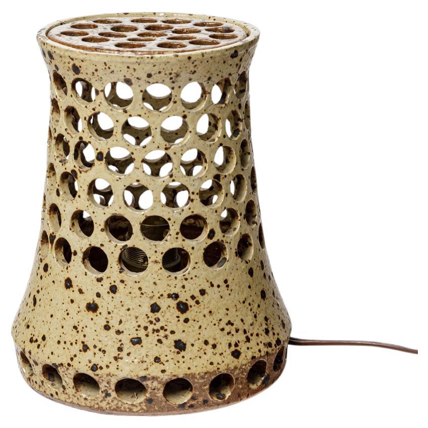 20th century design grey stoneware perforated sculptural ceramic table lamp 1960 For Sale