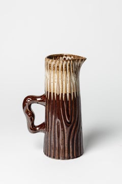 20th Century Design Imiation Wood Ceramic Pitcher Brown and White circa 1970