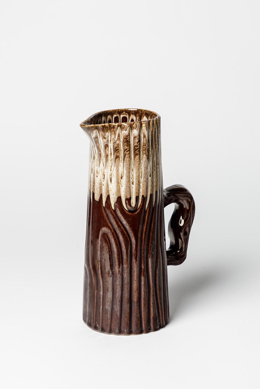 French 20th Century Design Imiation Wood Ceramic Pitcher Brown and White circa 1970 For Sale