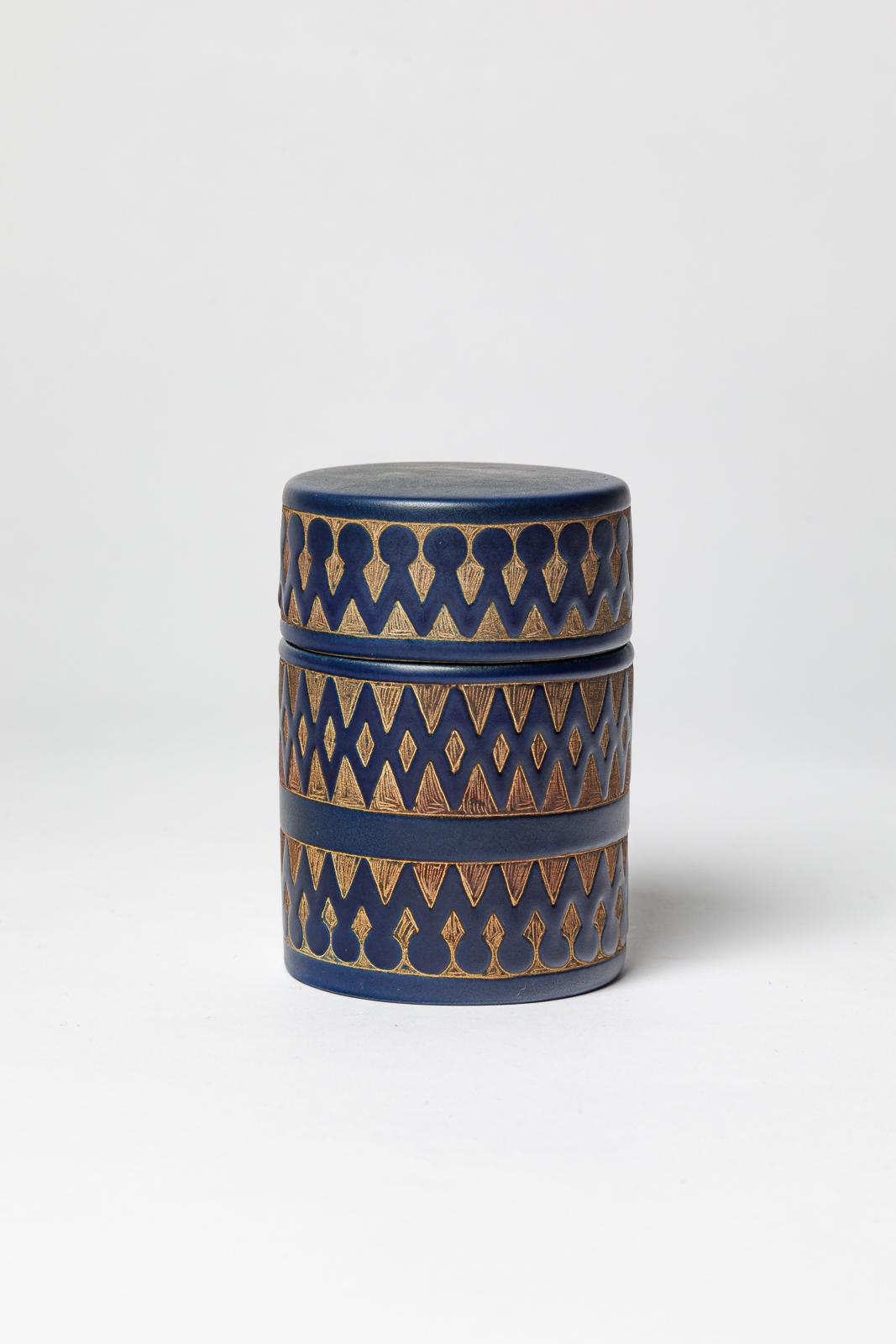 Joyas de diseño del siglo XX o caja decorativa de cerámica abstracta azul René Maurel Francés en venta