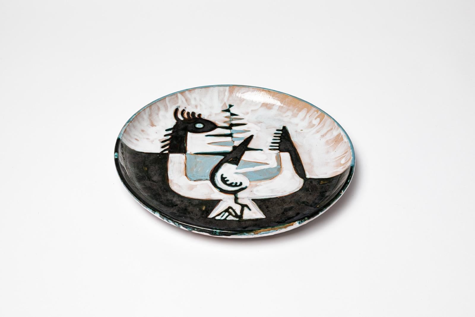 Mid-Century Modern 20th century design large bird ceramic platter or dish att. to Michel Lucotte For Sale
