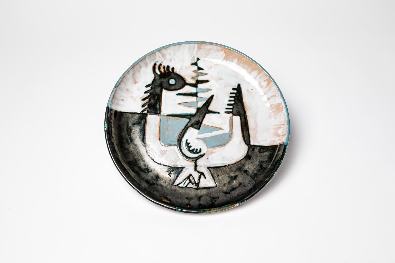 French 20th century design large bird ceramic platter or dish att. to Michel Lucotte For Sale