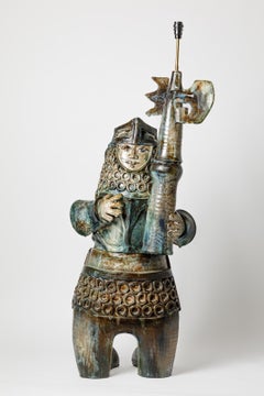 20th century design Large colored warrior figure ceramic floor lamp 1950 1 meter