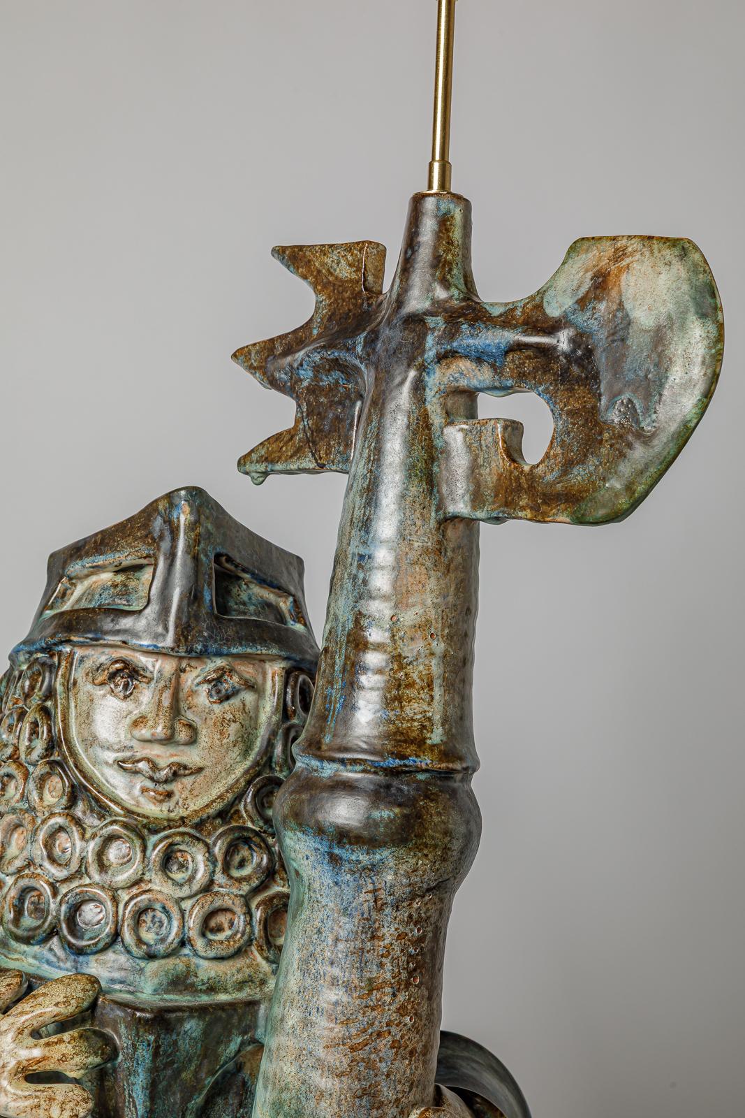 French 20th century design Large colored warrior figure ceramic floor lamp 1950 1 meter For Sale