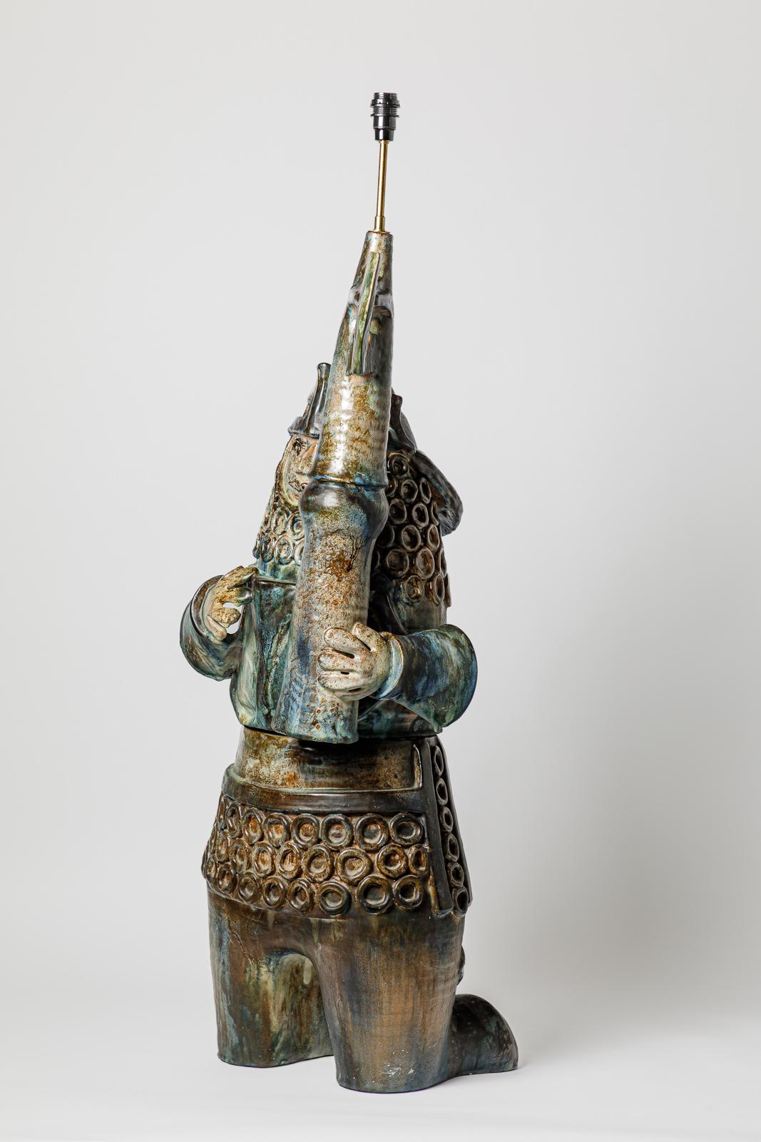 Ceramic 20th century design Large colored warrior figure ceramic floor lamp 1950 1 meter For Sale