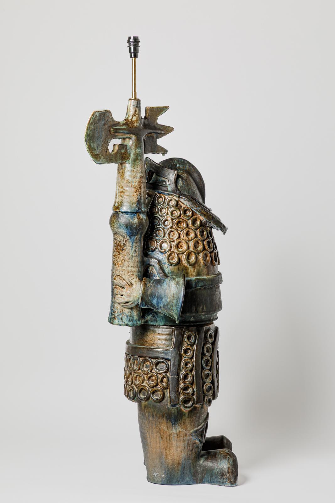 20th century design Large colored warrior figure ceramic floor lamp 1950 1 meter For Sale 1