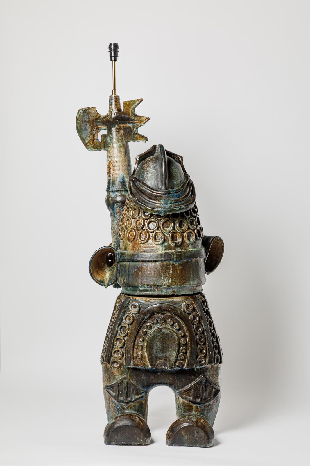20th century design Large colored warrior figure ceramic floor lamp 1950 1 meter For Sale 2