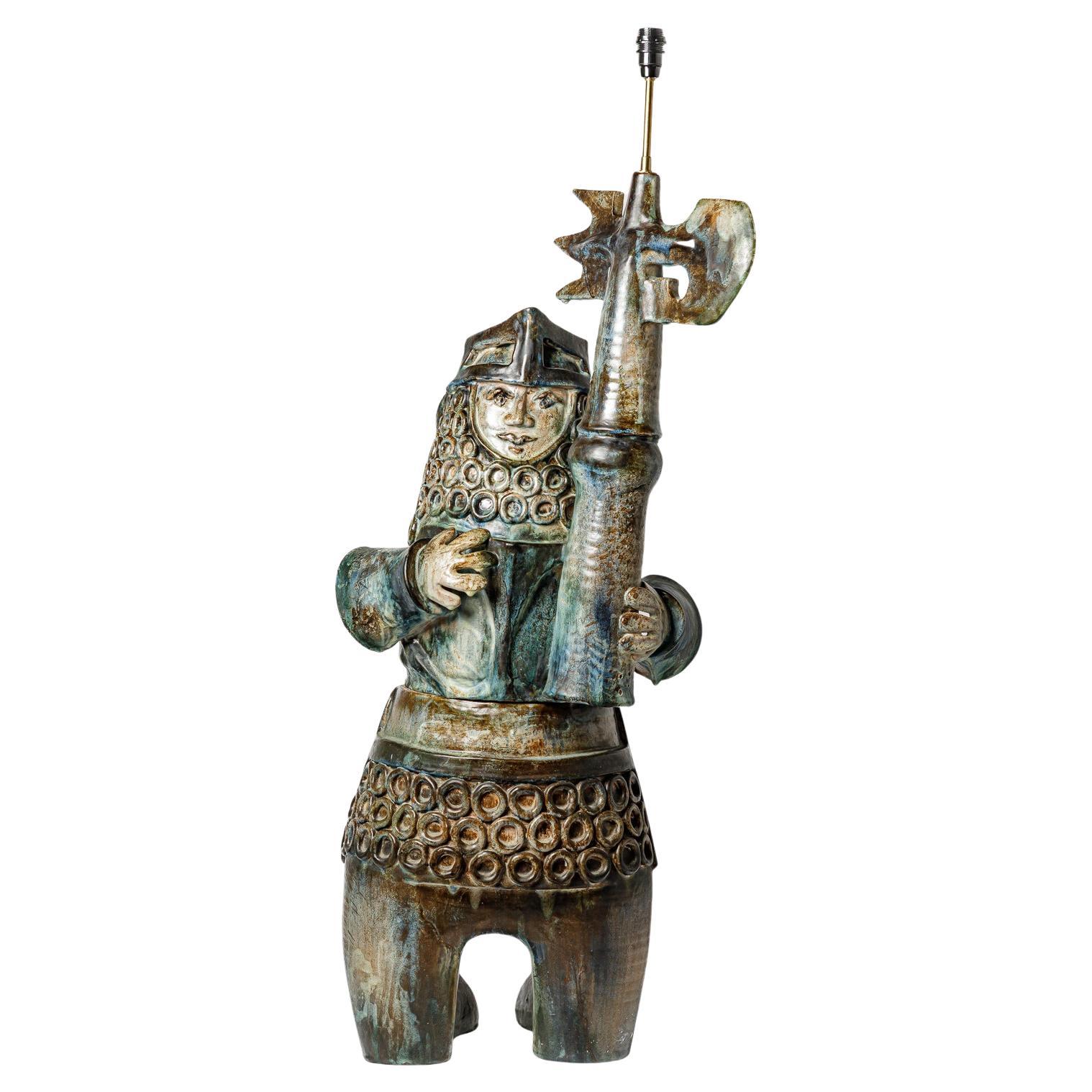 20th century design Large colored warrior figure ceramic floor lamp 1950 1 meter For Sale