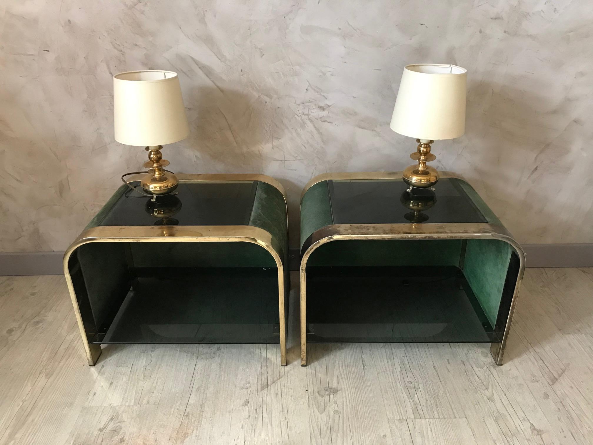 20th Century Design Nubuck, Smoked Glass and Brass Pair of Side Table, 1970s 5