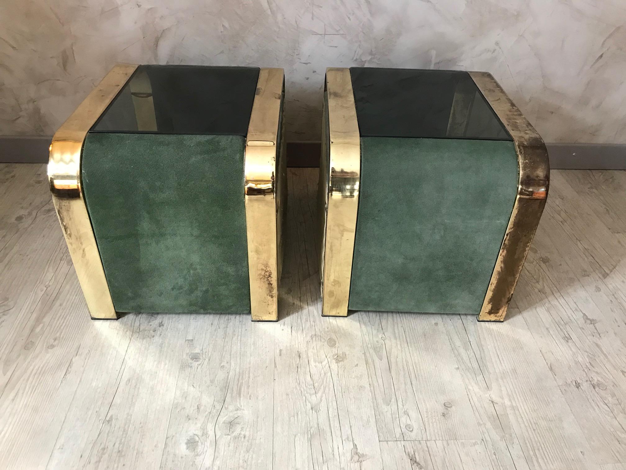 20th Century Design Nubuck, Smoked Glass and Brass Pair of Side Table, 1970s 1