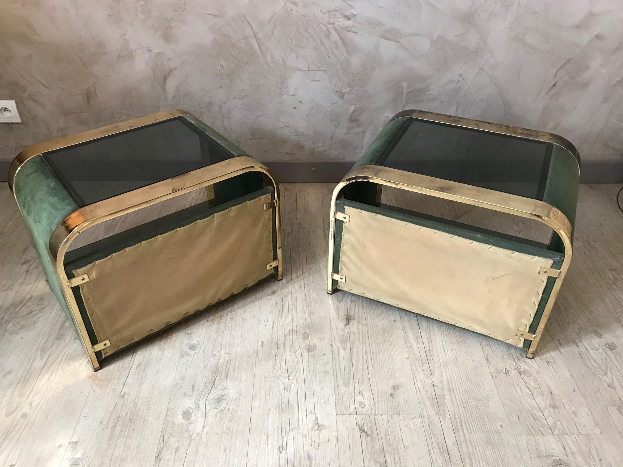 20th Century Design Nubuck, Smoked Glass and Brass Pair of Side Table, 1970s 2