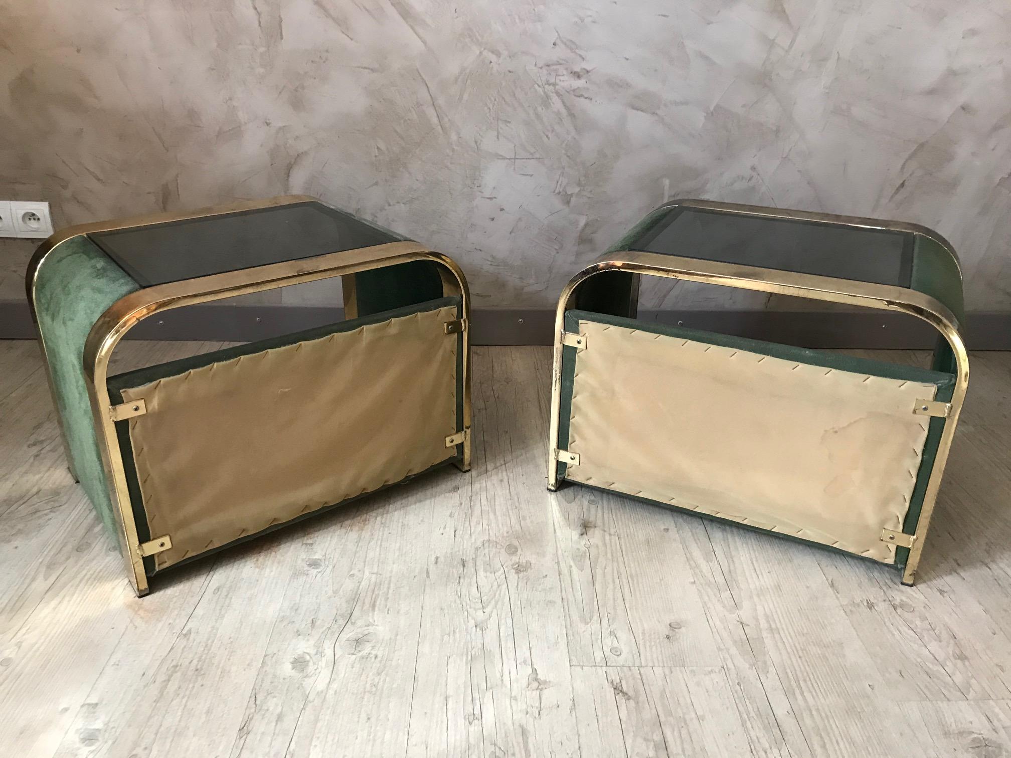 20th Century Design Nubuck, Smoked Glass and Brass Pair of Side Table, 1970s 3