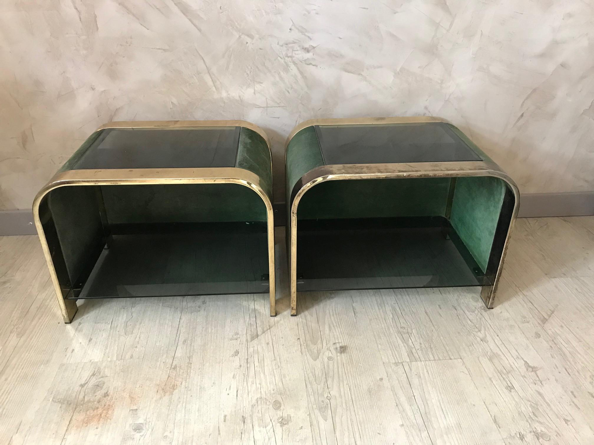 20th Century Design Nubuck, Smoked Glass and Brass Pair of Side Table, 1970s 4