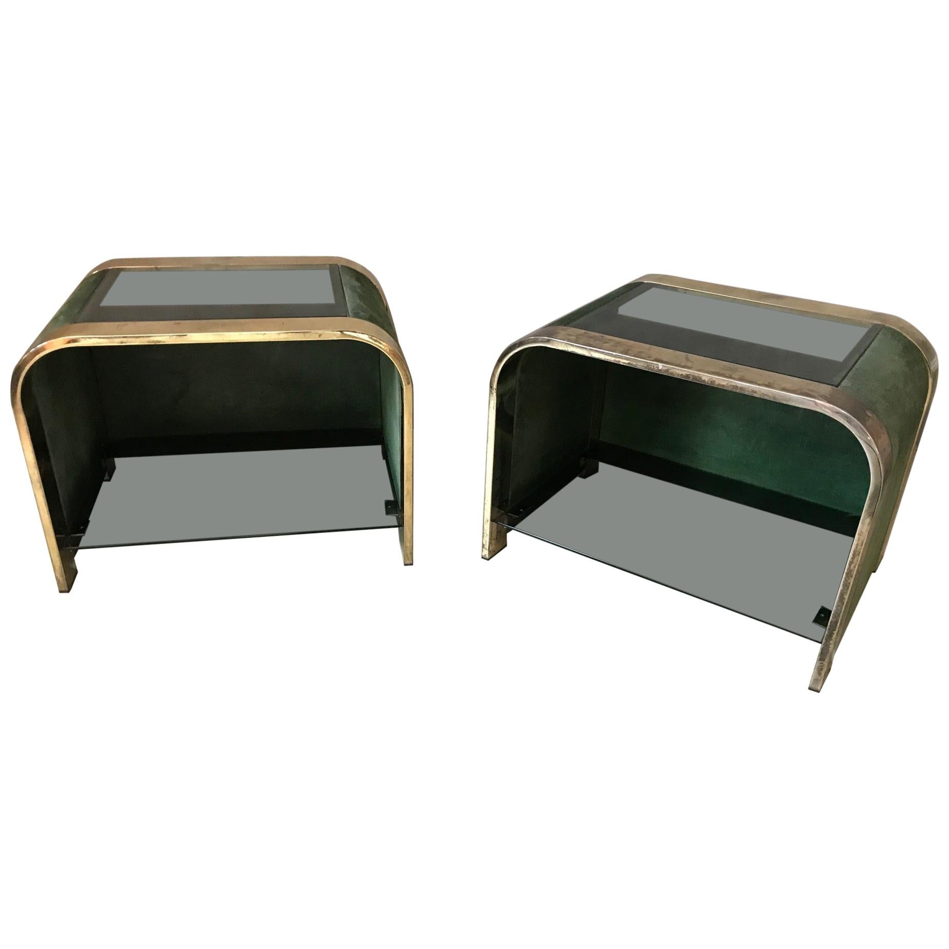 20th Century Design Nubuck, Smoked Glass and Brass Pair of Side Table, 1970s