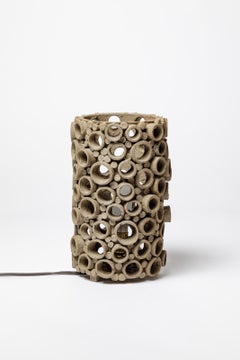 20th century design perforated grey stoneware ceramic architectural table lamp