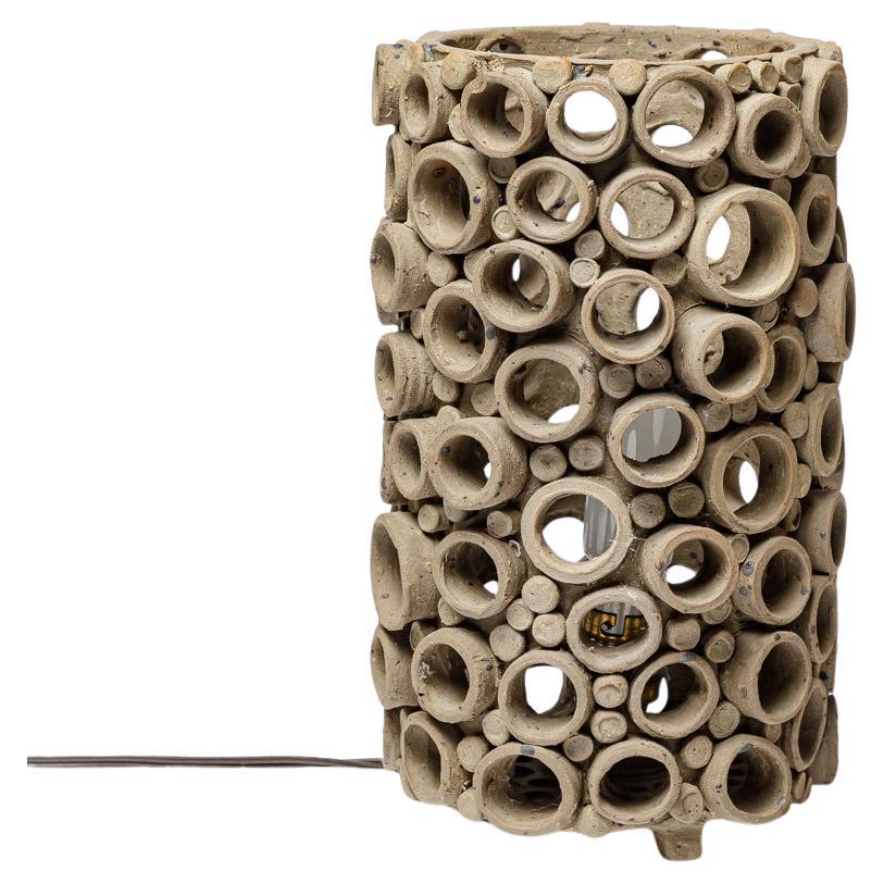 20th century design perforated grey stoneware ceramic architectural table lamp