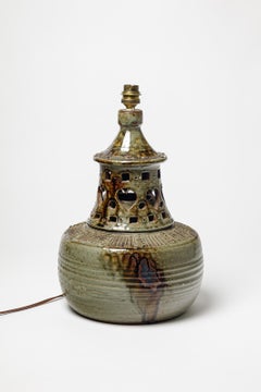 20th century design stoneware green and brown ceramic table lamp by C T Robert