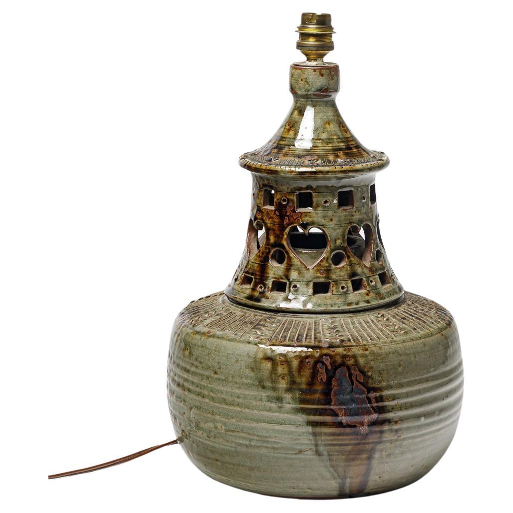 Grün-braune Keramik-Tischlampe aus Steingut im Design des 20. Jahrhunderts von C. T. Robert