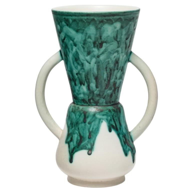 20th century design white and green ceramic free form vase by Dupanier Robert For Sale