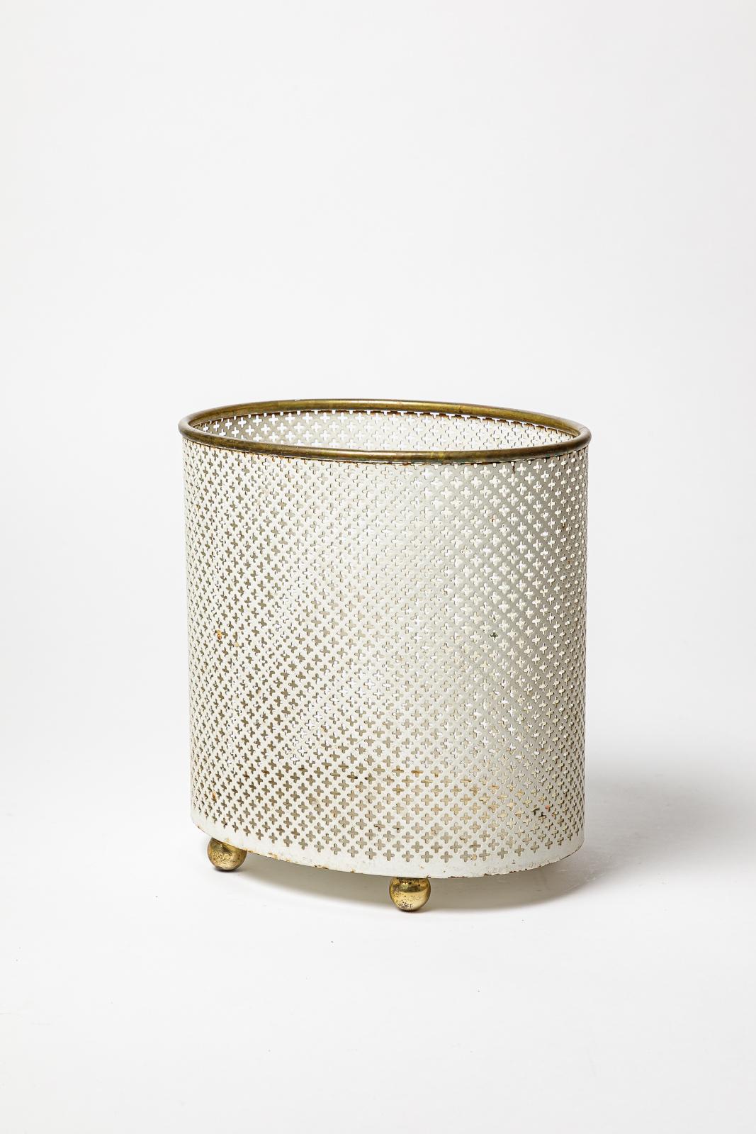Mid-Century Modern 20th century design white perforated metal basket attributed to Mathieu Mategot For Sale