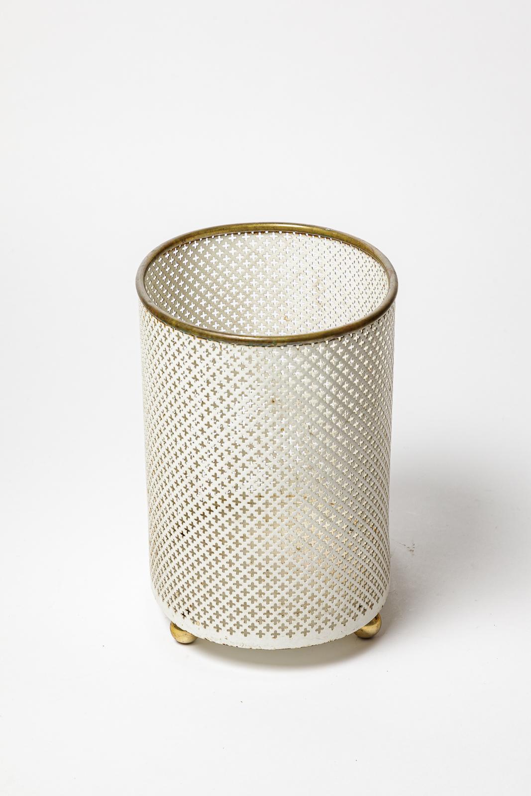 French 20th century design white perforated metal basket attributed to Mathieu Mategot For Sale