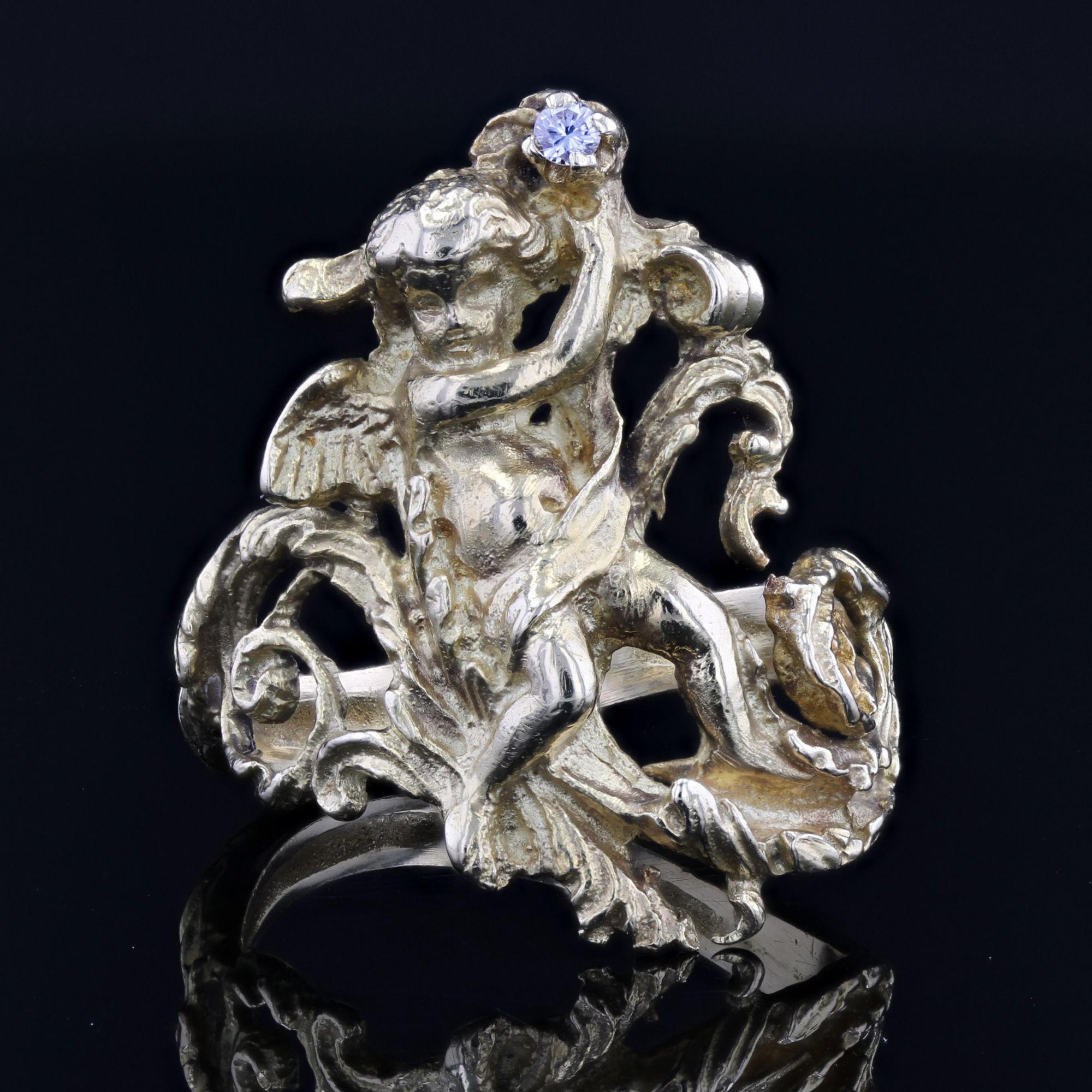 20th Century Diamond 18 Karat Yellow Gold Cherubs Ring In Excellent Condition For Sale In Poitiers, FR
