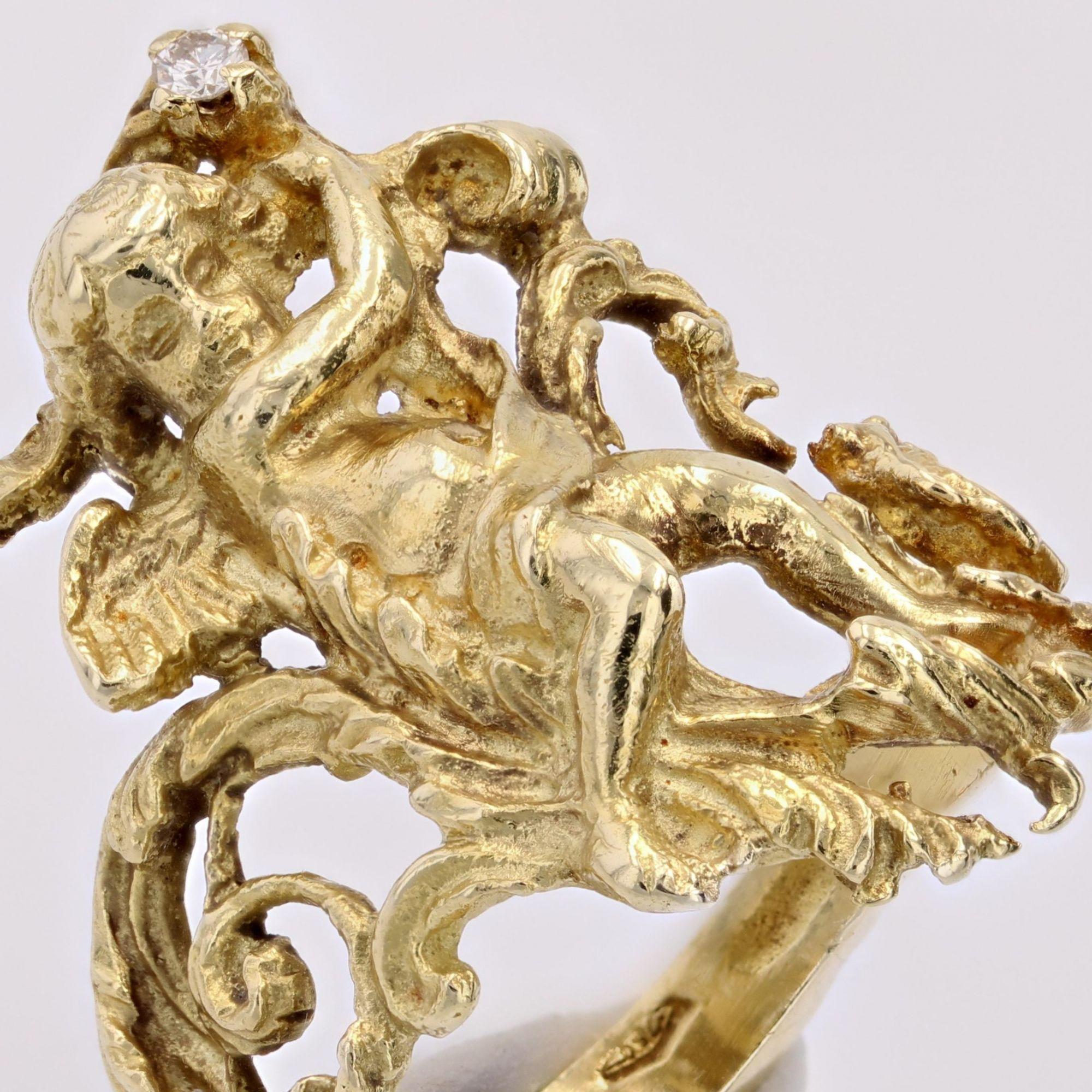 20th Century Diamond 18 Karat Yellow Gold Cherubs Ring For Sale 3