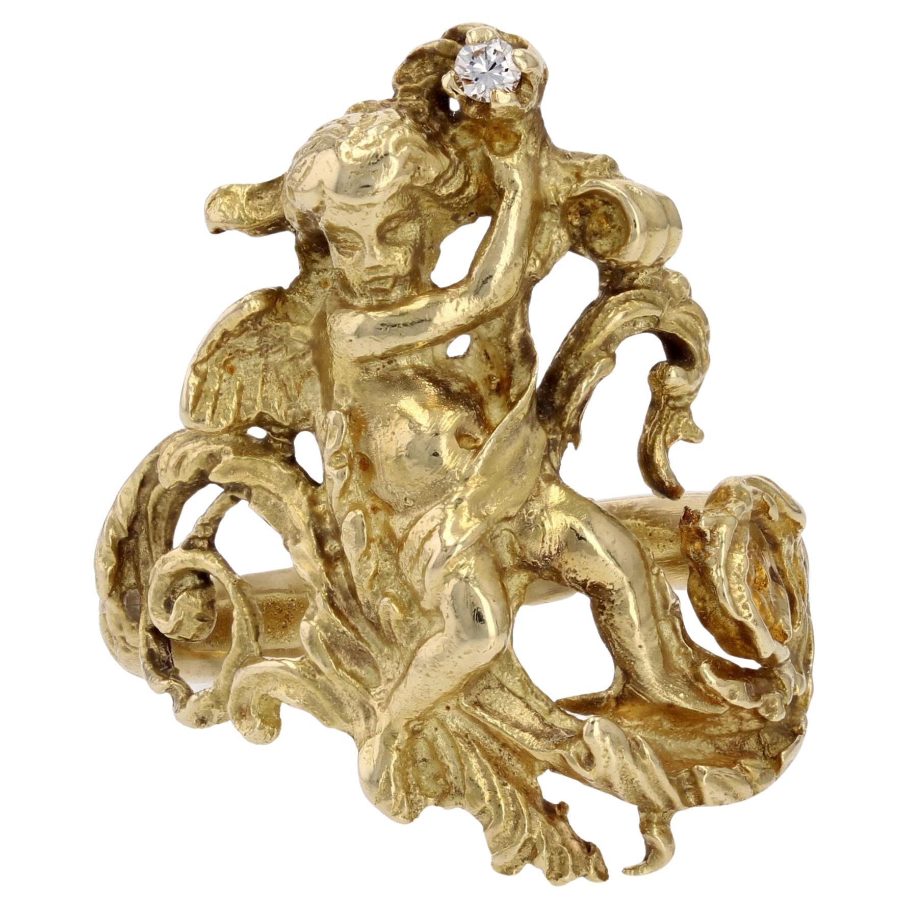Cherubs-Ring aus 18 Karat Gelbgold mit Diamanten des 20. Jahrhunderts
