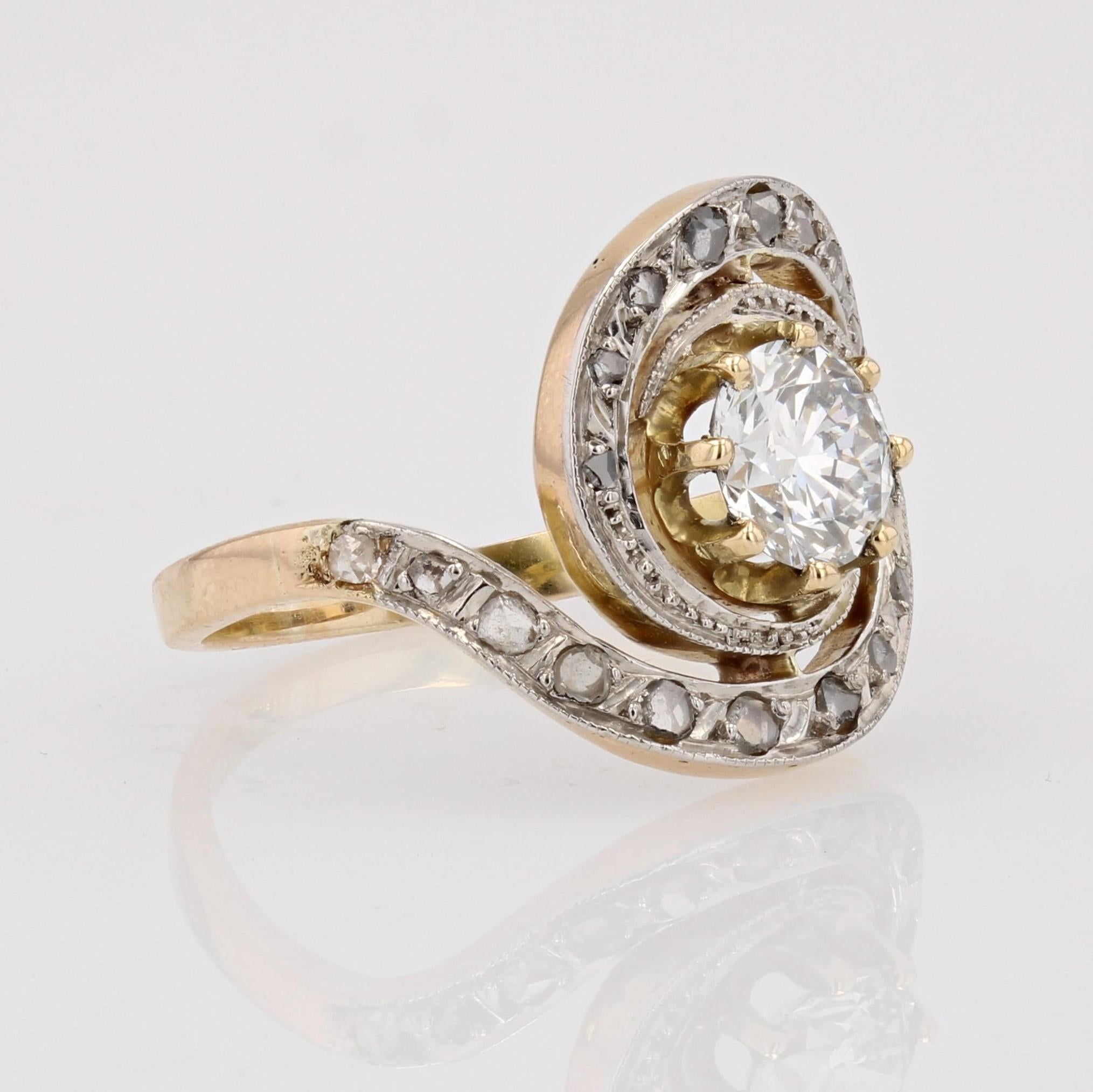 20th Century Diamond 18 Karat Yellow Gold Platinum Swirl Ring For Sale 3