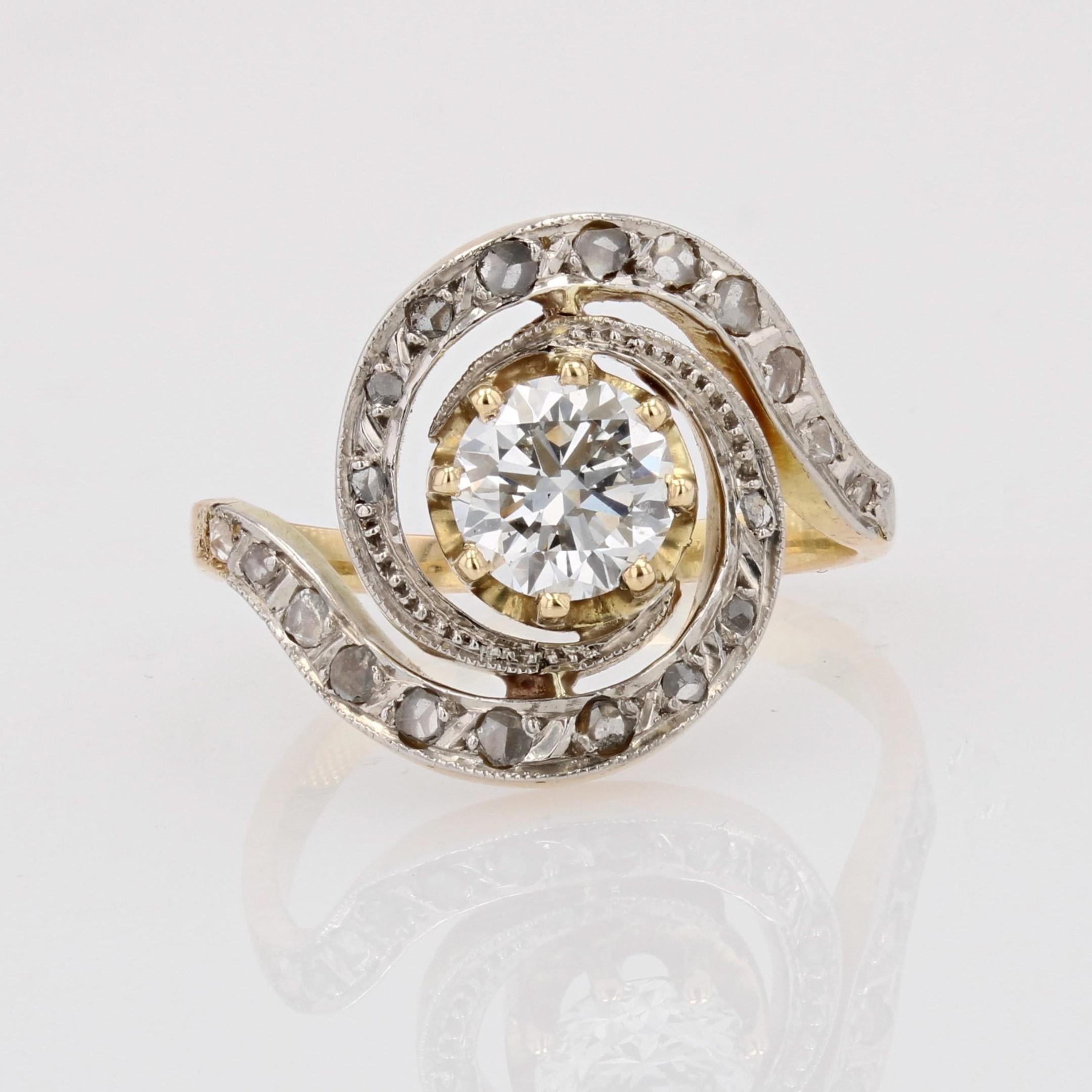 20th Century Diamond 18 Karat Yellow Gold Platinum Swirl Ring For Sale 7