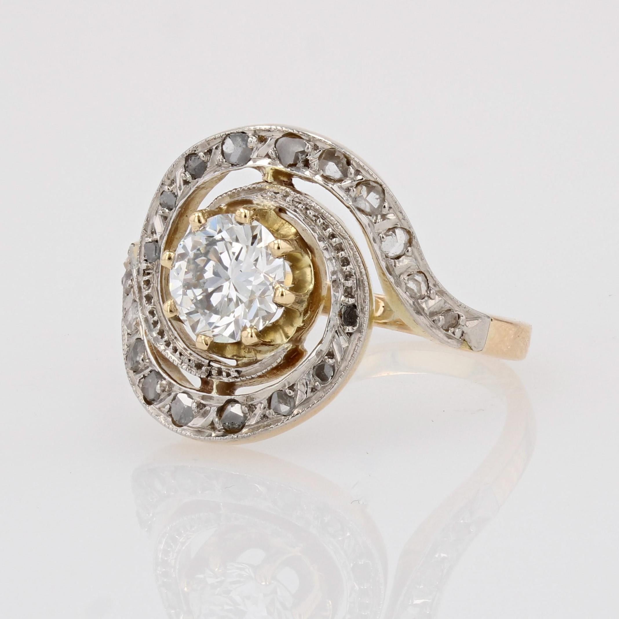 20th Century Diamond 18 Karat Yellow Gold Platinum Swirl Ring For Sale 1
