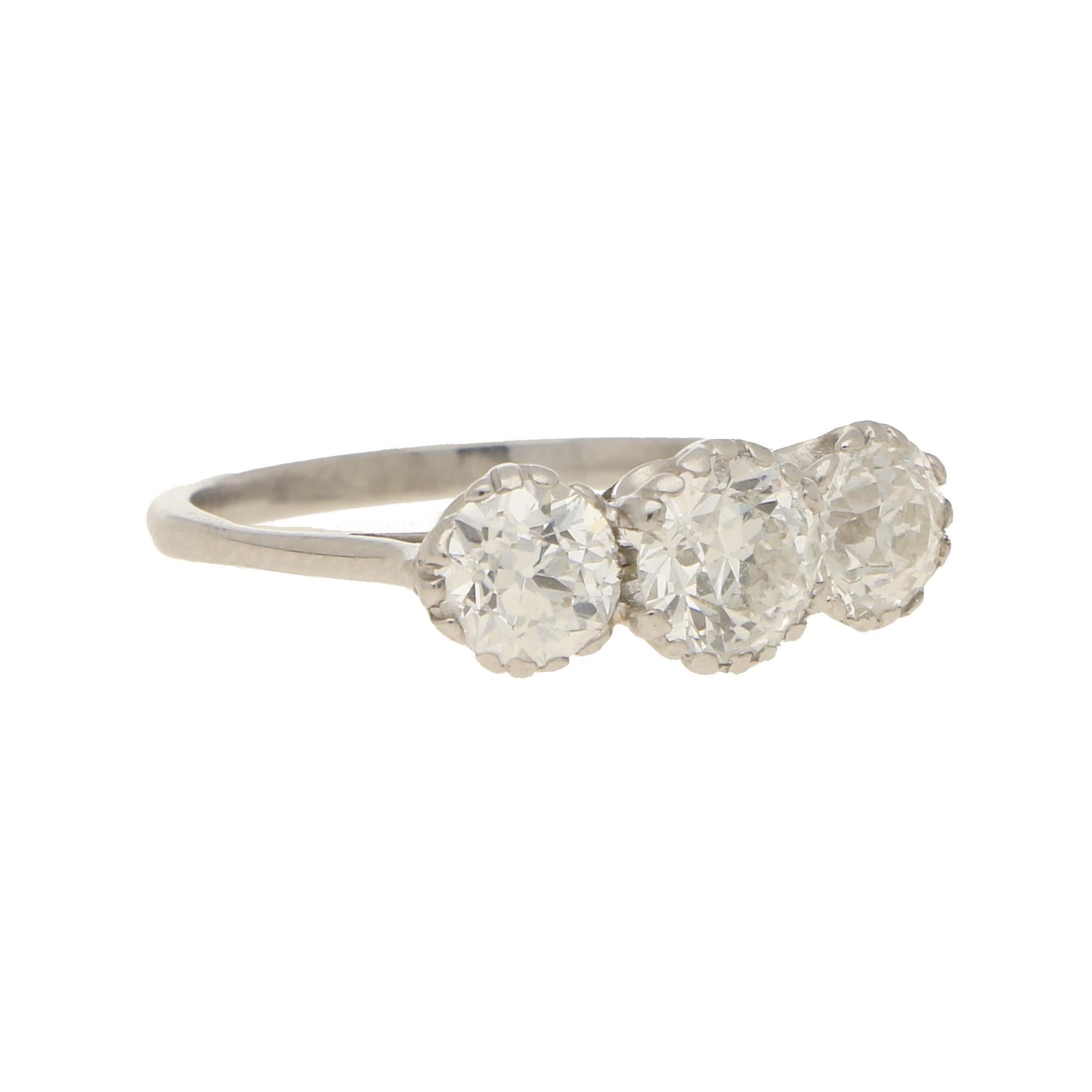 Art Deco Three Stone Old-Cut Diamond Engagement Ring Set In Platinum