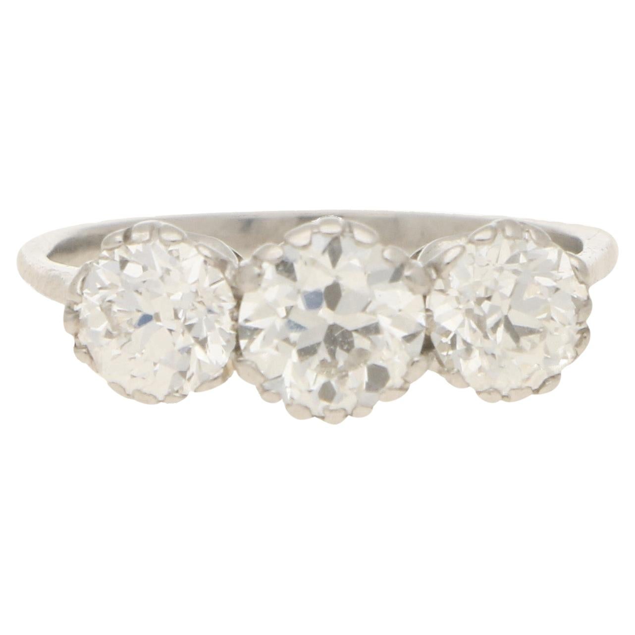 Three Stone Old-Cut Diamond Engagement Ring Set In Platinum
