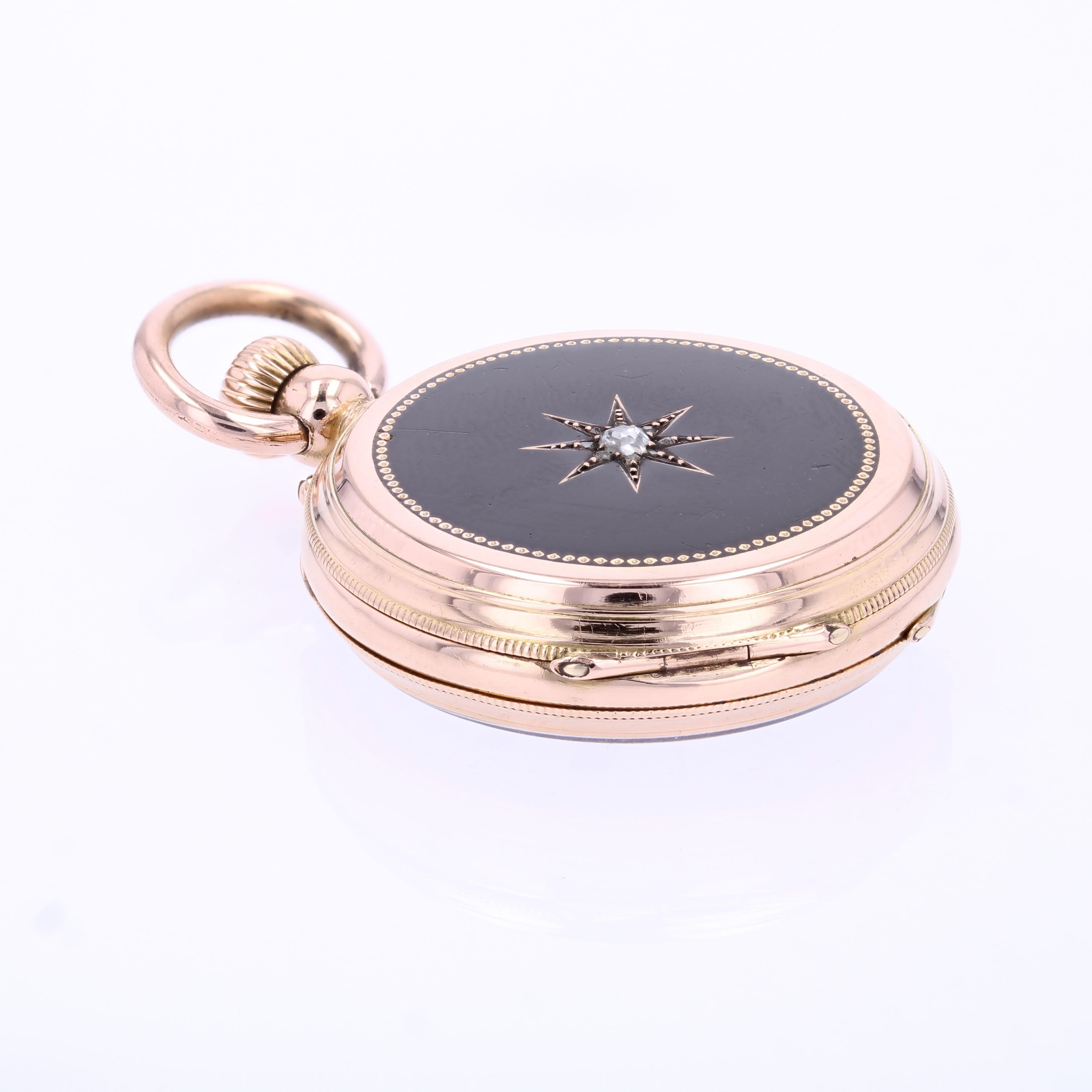 20. Jahrhundert Diamanten 18 Karat Rose Gold Schwarz Emaille Stern Taschenuhr Anhänger im Angebot 4