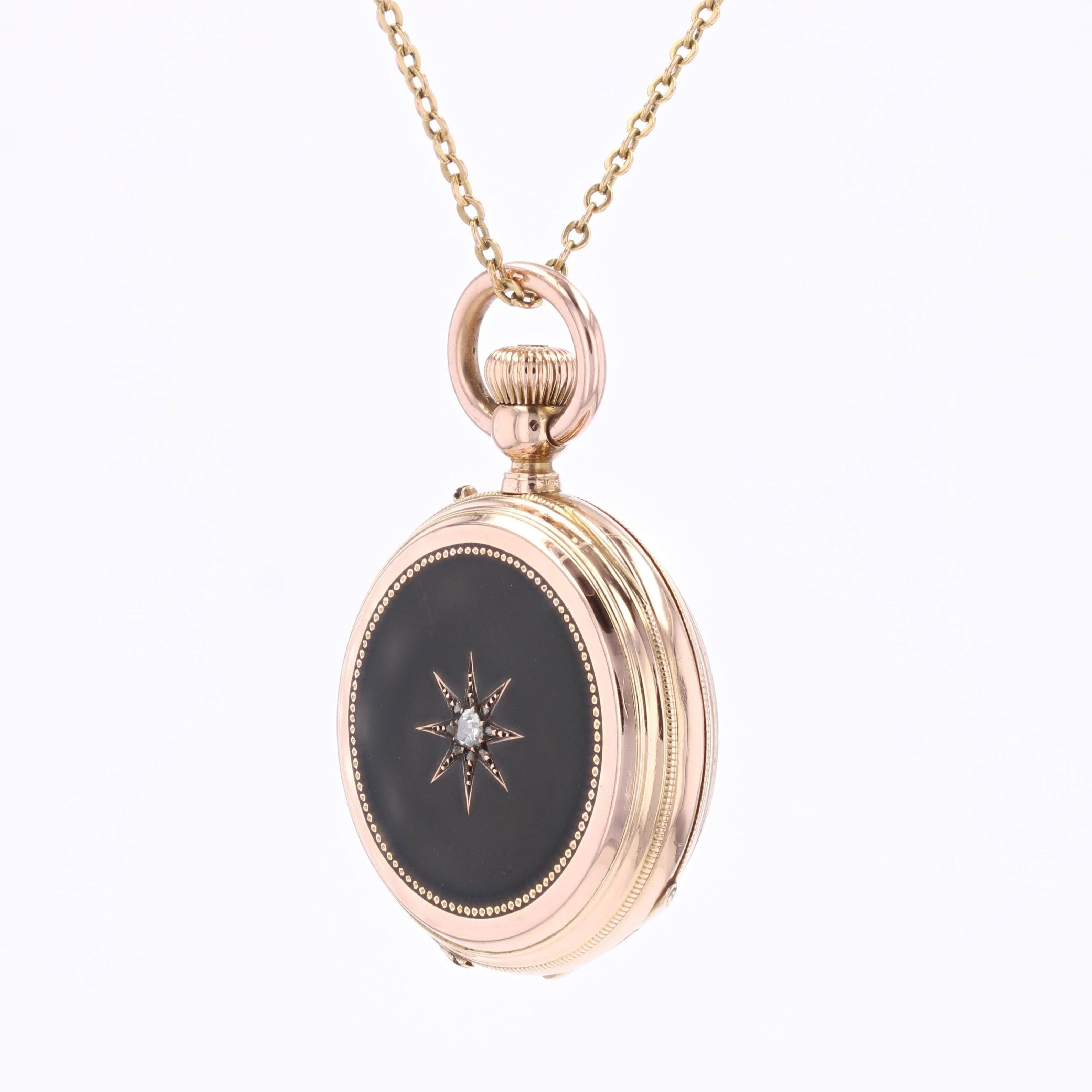 20. Jahrhundert Diamanten 18 Karat Rose Gold Schwarz Emaille Stern Taschenuhr Anhänger im Zustand „Relativ gut“ im Angebot in Poitiers, FR