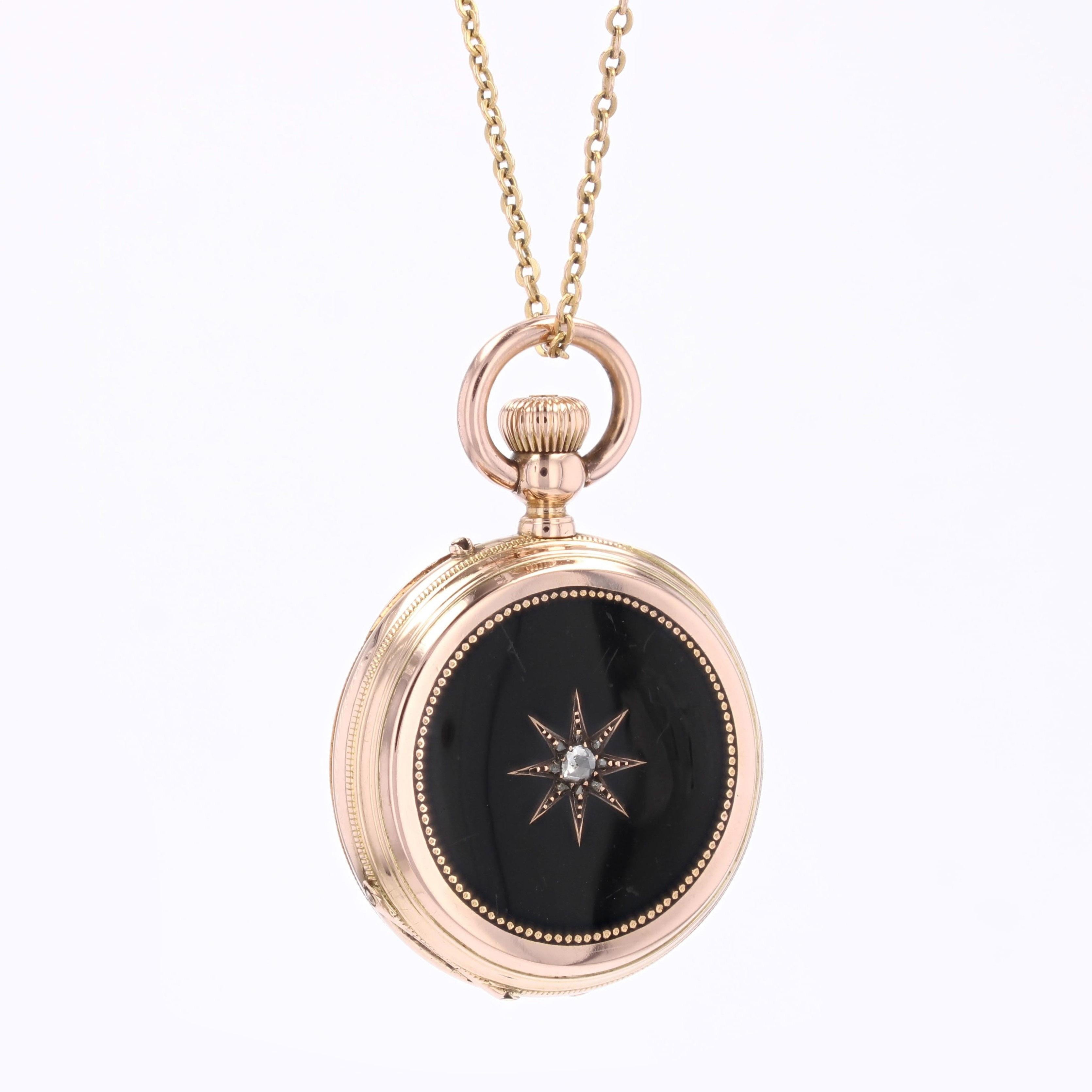20. Jahrhundert Diamanten 18 Karat Rose Gold Schwarz Emaille Stern Taschenuhr Anhänger Damen im Angebot